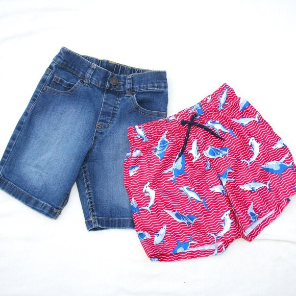 BOYS Sz 5 SWIMMING TRUNKS & DENIM SHORTS LOT of 2 KIDS SUMMER SET PLAY - Picture 1 of 4